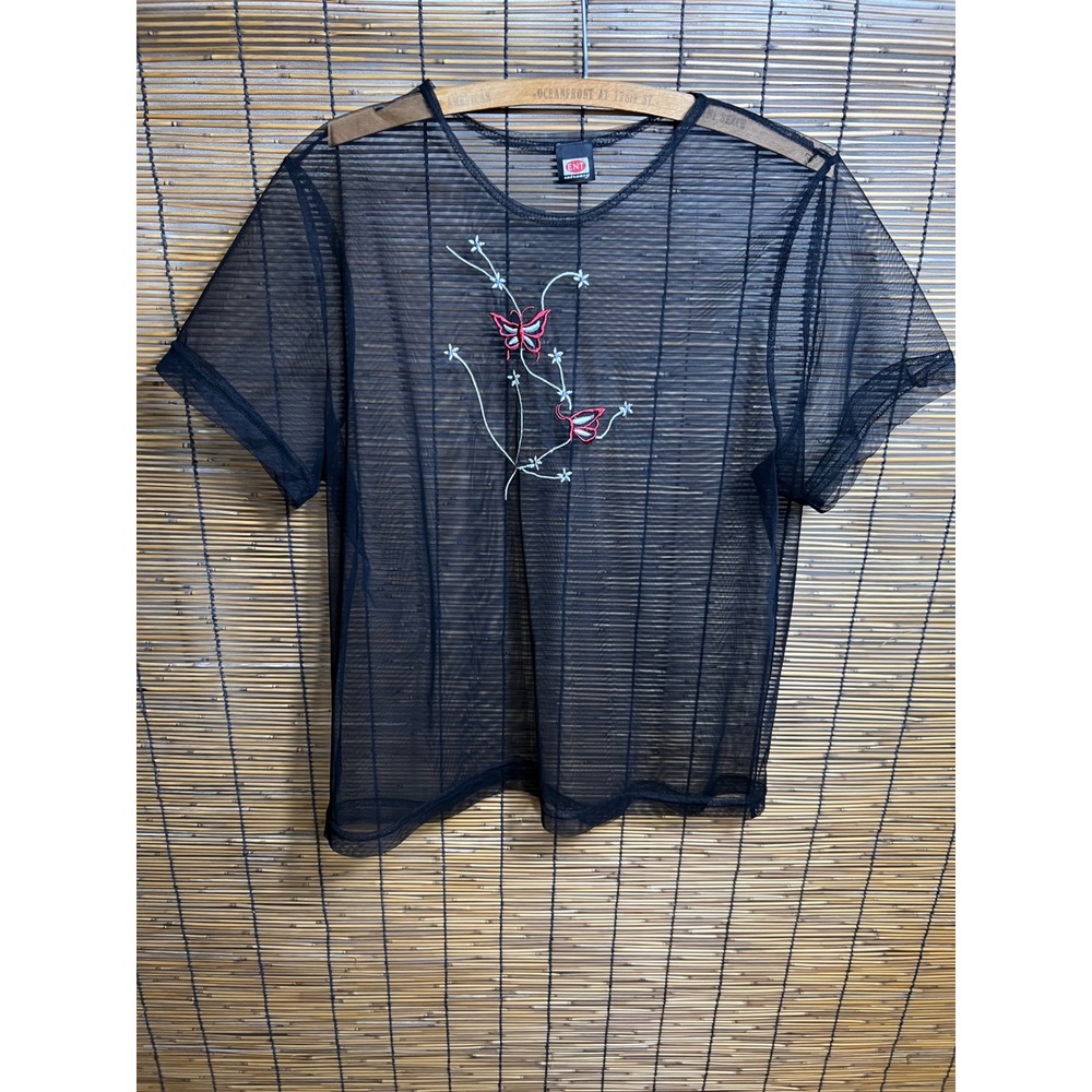 VTG Y2K Black Striped Micromesh Embroidered Butterfly Top Whimsigoth
